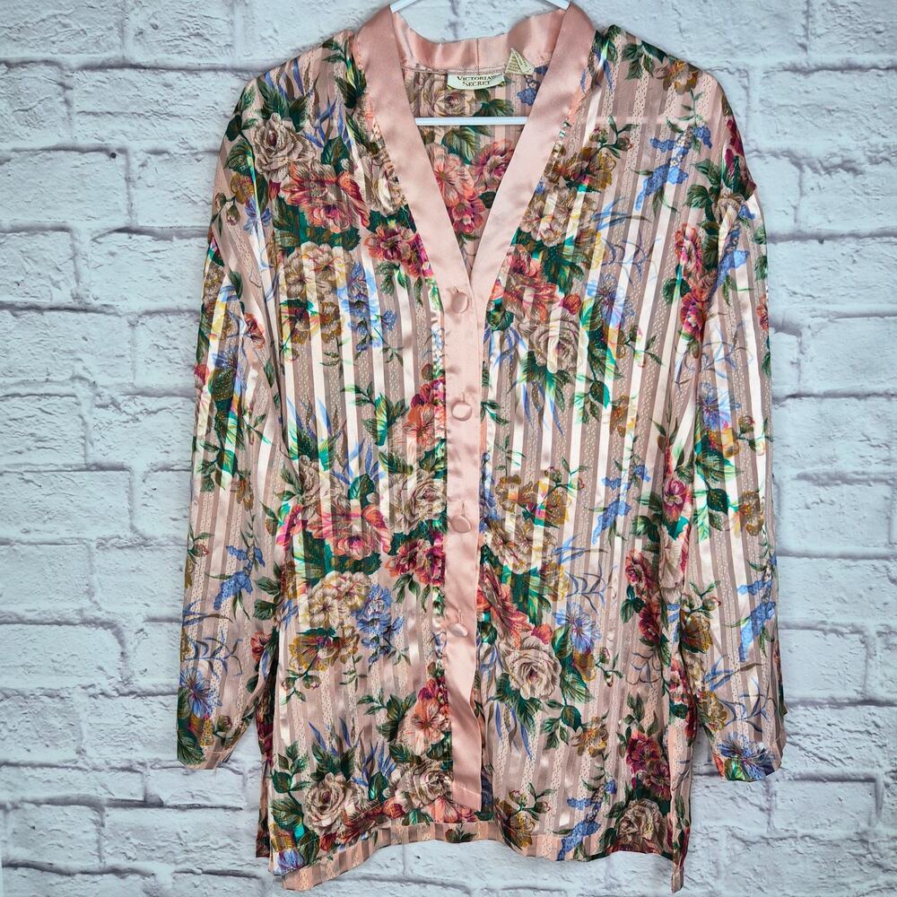 Vtg 80s Victoria Secret Gold Label Floral Satin Stripe Sleep Shirt Top Medium M